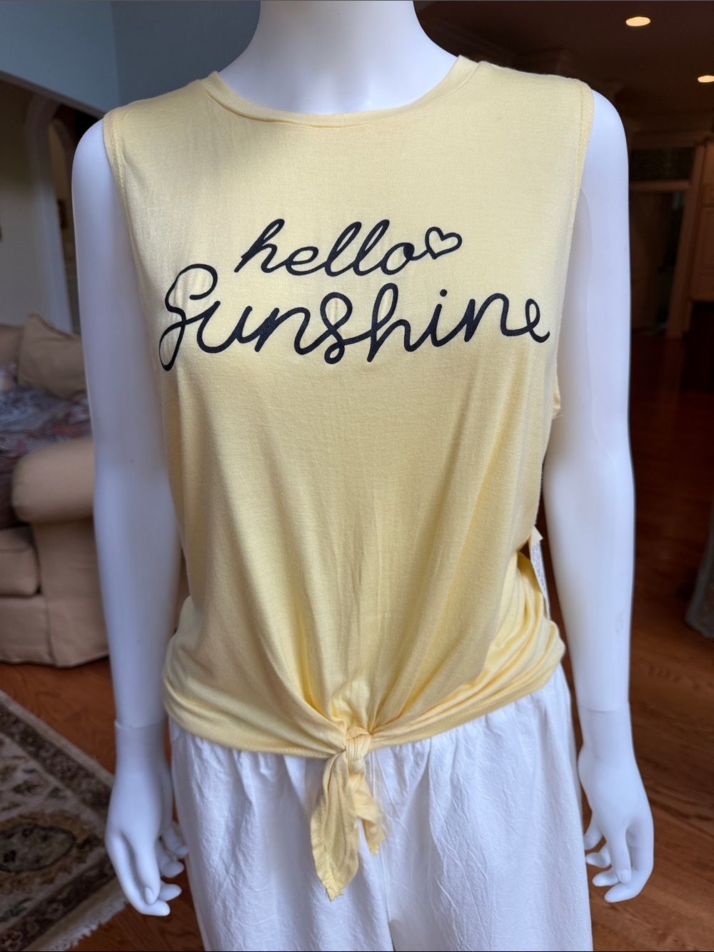 Pale Yellow Tie-Front Tank Top with 'hello sunshine' Script